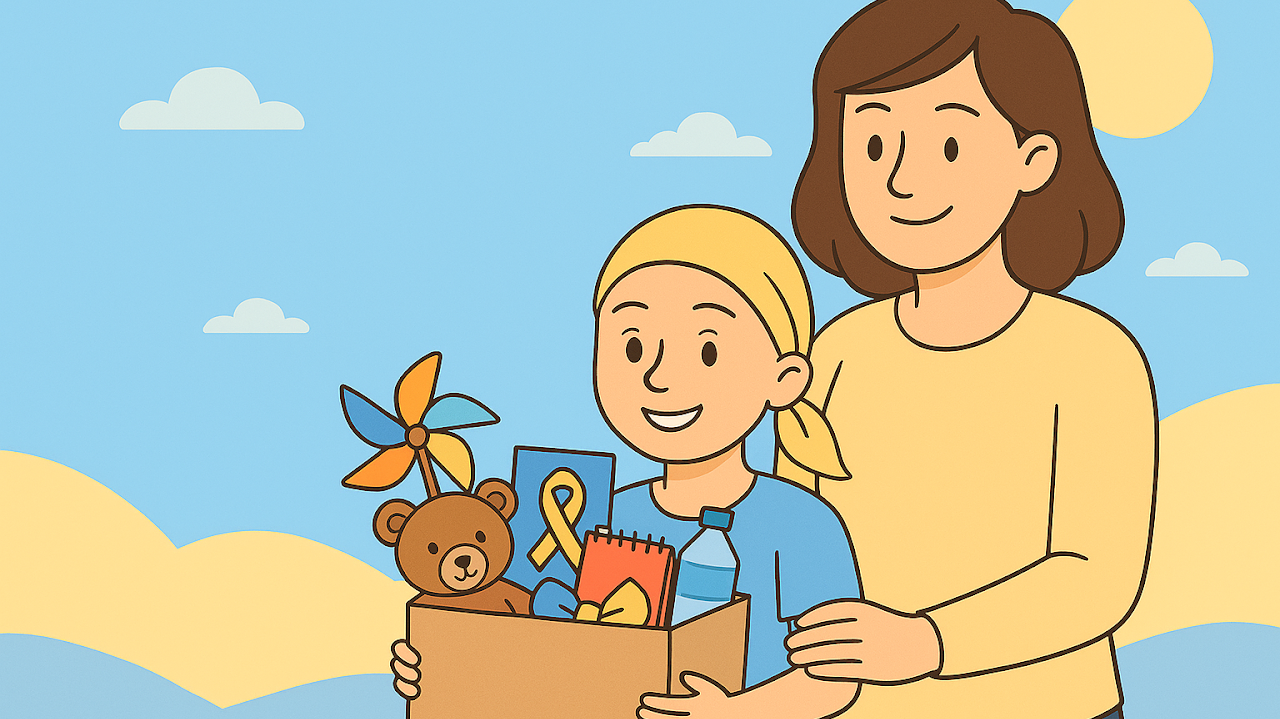 An illustration of a child and her mother, supported on their cancer journey.